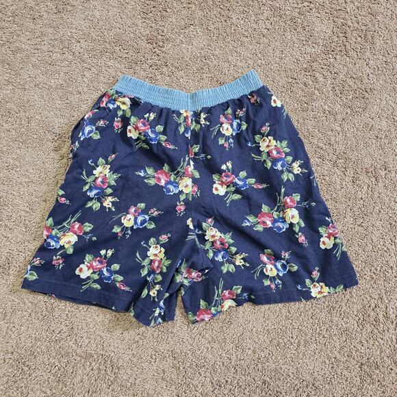 Vintage Floral Pull On Shorts Women M Denim Trim Lounge Pockets Cottage Boho 90s - Picture 6 of 10